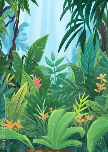 Background Jungle. Bright jungle with ferns and flowers. For design game, websites and kid's book printing. Children's book illustration in cartoon style.