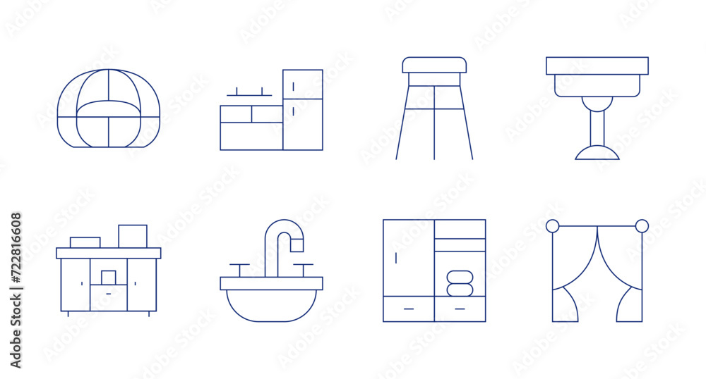 Furniture icons. Editable stroke. Containing beanbag, cabinet, kitchen, sink, stool, wardrobe, coffeetable, curtain.