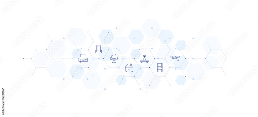 Furniture banner vector illustration. Style of icon between. Containing tvtable, table, chair, deskchair, cupboard.