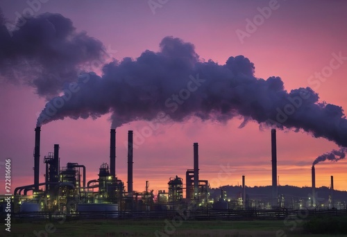 Smoke from heating station in big city during winter season at sunset. Smokestack pipes emitting co2 from coal thermal power plant into atmosphere. Air pollution and emission ecology problem concept