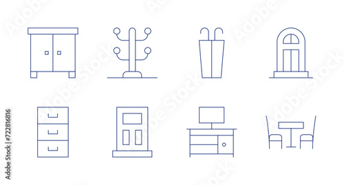 Furniture icons. Editable stroke. Containing closet, cabinet, clothesrack, door, umbrellastand, desk, dinnertable. photo