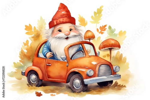 Garden gnome in a red old car. Watercolor illustration photo