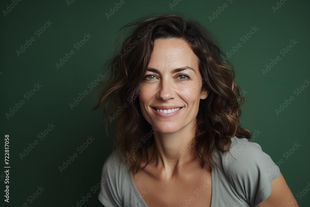 Portrait of a smiling woman with long wavy brunette hair Portrait of a smiling woman with long wavy brunette hair