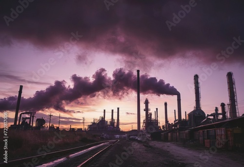 Smoke from heating station in big city during winter season at sunset. Smokestack pipes emitting co2 from coal thermal power plant into atmosphere. Air pollution and emission ecology problem concept
