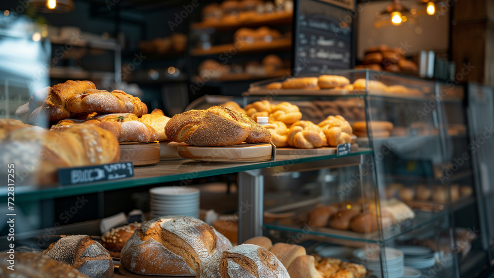 Bakery Bliss: A Cafe Scene with Mouthwatering Breads on Glass Shelve