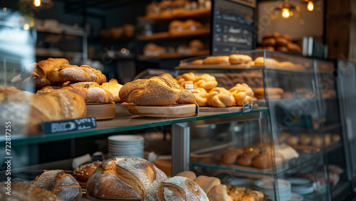 Bakery Bliss: A Cafe Scene with Mouthwatering Breads on Glass Shelve
