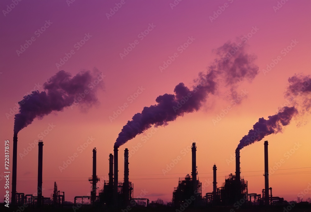 Smoke from heating station in big city during winter season at sunset. Smokestack pipes emitting co2 from coal thermal power plant into atmosphere. Air pollution and emission ecology problem concept Smoke from heating station in big city during winter season at sunset. Smokestack pipes emitting co2 from coal thermal power plant into atmosphere. Air pollution and emission ecology problem concept