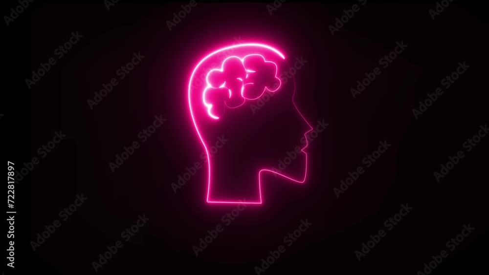 Human head with neon brain emblem, medicine, sign, human body part, and human brain. Human head with neon brain emblem, medicine, sign, human body part, and human brain.