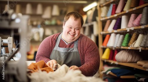 Young Man Downs Syndrome Happy Working Job