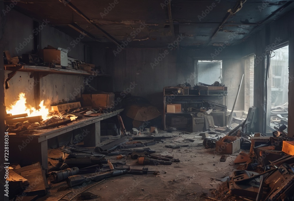 abandoned weapons after fighting on the battlefield, in the shelter abandoned weapons after fighting on the battlefield, in the shelter