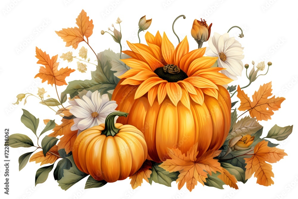 Naklejka premium Autumn vector background with pumpkin, flowers and leaves. Vector illustration.
