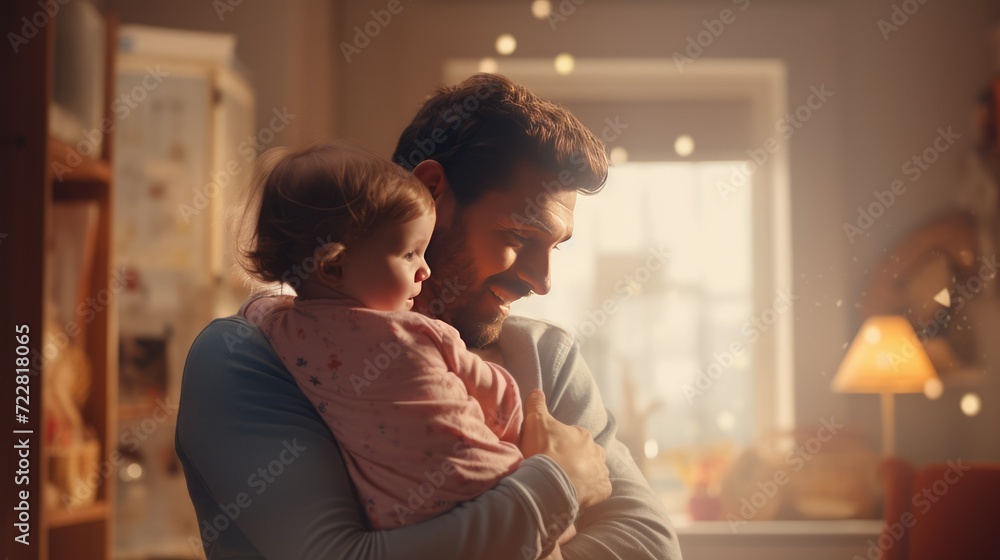 A man hugging a baby in a children's room, cinematic light, sunlight. Father-child relationship. Dad holds his daughter in his arms A man hugging a baby in a children's room, cinematic light, sunlight. Father-child relationship. Dad holds his daughter in his arms