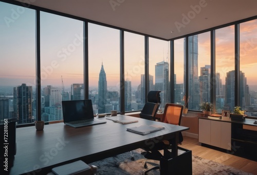 Beautiful blurred background of a modern office interior in gray tones with panoramic windows  glass partitions and orange color accents.