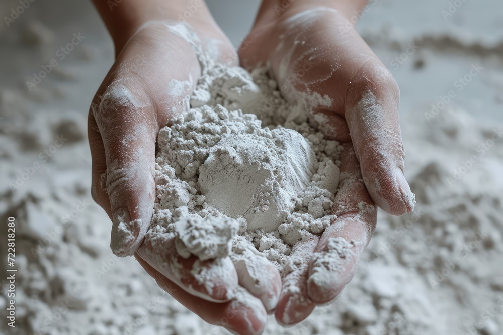 White Gypsum Powder in Hands, Clay or Diatomite Isolated, Hands Hold Powdered Chemicals, AI White Gypsum Powder in Hands, Clay or Diatomite Isolated, Hands Hold Powdered Chemicals, AI