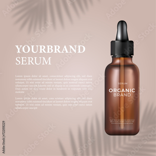 organic serum mockup skincare social media banner template advertising with palm tree leaf shadow, text layout, natural luxury cosmetic brown background, editable vector