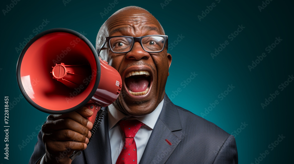 Excited old man making an announcement through megaphone, close to camera Excited old man making an announcement through megaphone, close to camera