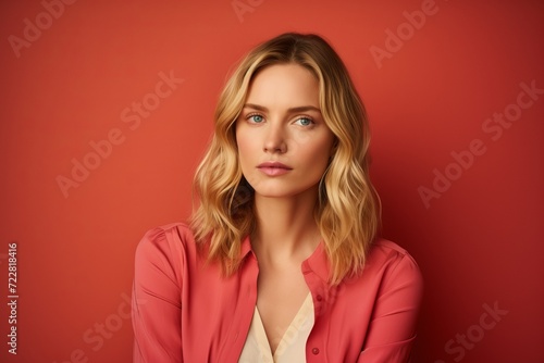 Portrait of a beautiful young blonde woman on a red background.