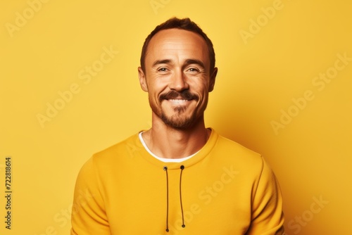 Portrait of a handsome man in a yellow sweatshirt on a yellow background.