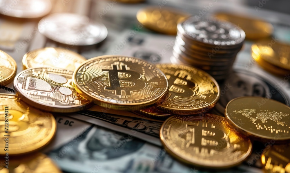 Glittering treasure awaits as a mountain of coins and bills overflow with wealth, beckoning the viewer into a world of opulence and riches Glittering treasure awaits as a mountain of coins and bills overflow with wealth, beckoning the viewer into a world of opulence and riches