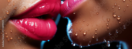 LGBT couple kiss lips. Passion and sensual touch. Closeup of mouths kissing. Two lgbtq in love. Lip care and beauty.