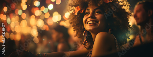 A young woman is dancing at a concert having a good time at an open air venue in the night. photo