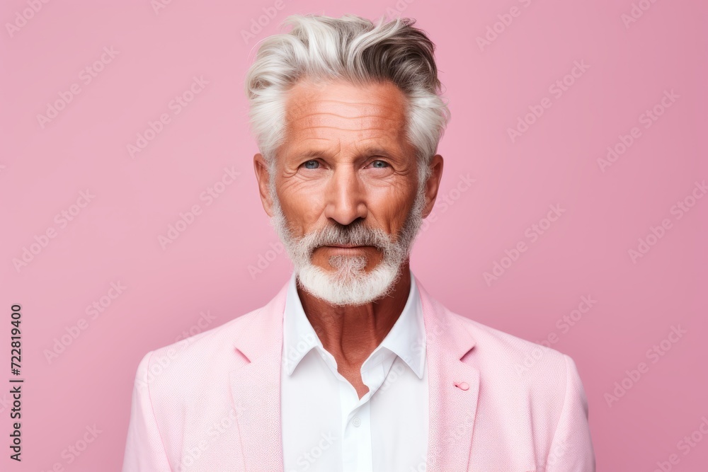 Waist up portrait of stylish senior man with grey hair and beard, looking at camera, isolated over pink background Waist up portrait of stylish senior man with grey hair and beard, looking at camera, isolated over pink background