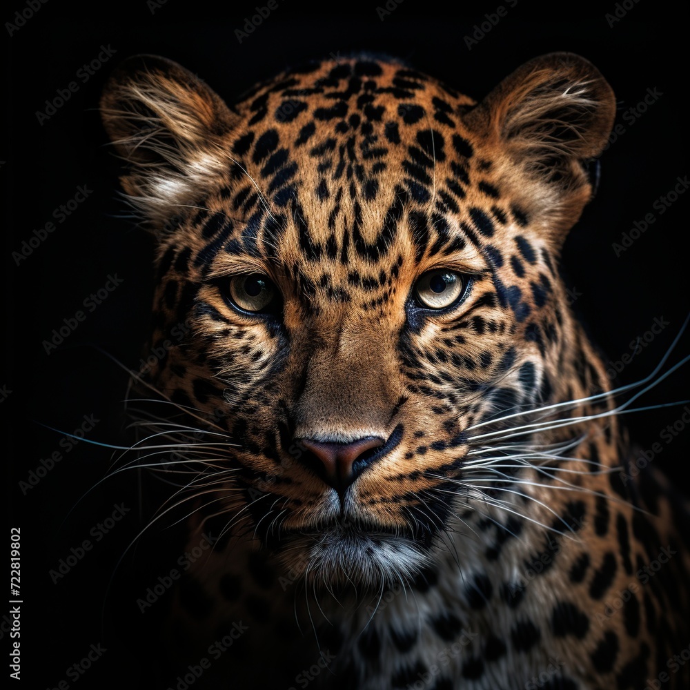Portrait of a leopard on a black background. Studio shot.