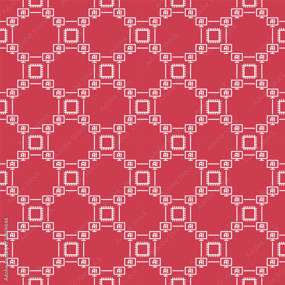 Computers with AI Chip vector Artificial Intelligence Technology outline red seamless pattern