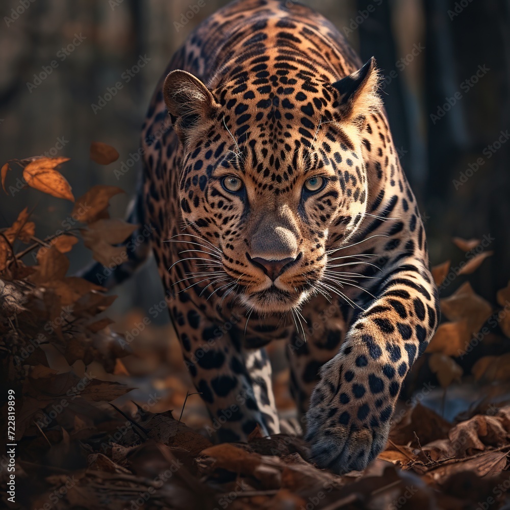 Fototapeta premium Leopard in the autumn forest. Portrait of a leopard.