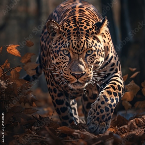 Leopard in the autumn forest. Portrait of a leopard.