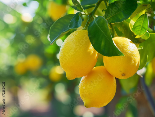 Cluster of fresh, ripe sunlit lemons, ready for harvest.