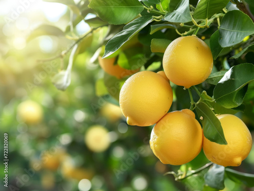 Cluster of fresh, ripe sunlit lemons, ready for harvest.