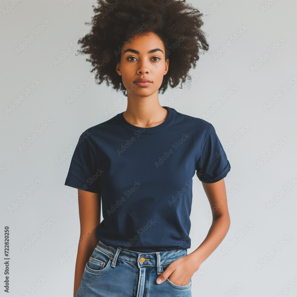 Navy Blue T-shirt Mockup, Black Woman, Girl, Female, Model, Wearing a Dark Blue Tee Shirt and Blue Jeans, Blank Shirt Template, White Background, Close-up View Navy Blue T-shirt Mockup, Black Woman, Girl, Female, Model, Wearing a Dark Blue Tee Shirt and Blue Jeans, Blank Shirt Template, White Background, Close-up View