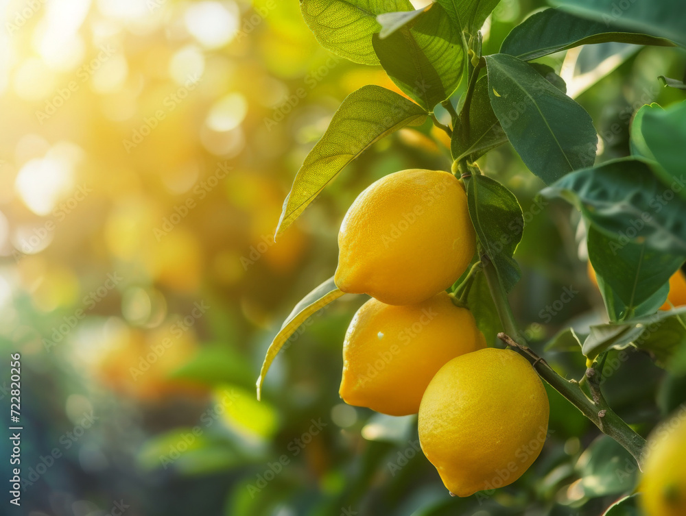 Cluster of fresh, ripe sunlit lemons, ready for harvest. Cluster of fresh, ripe sunlit lemons, ready for harvest.