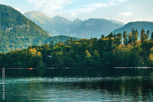 Lake Bohinj surrounded with Julian Alps mountains in Triglav national park in Slovenia