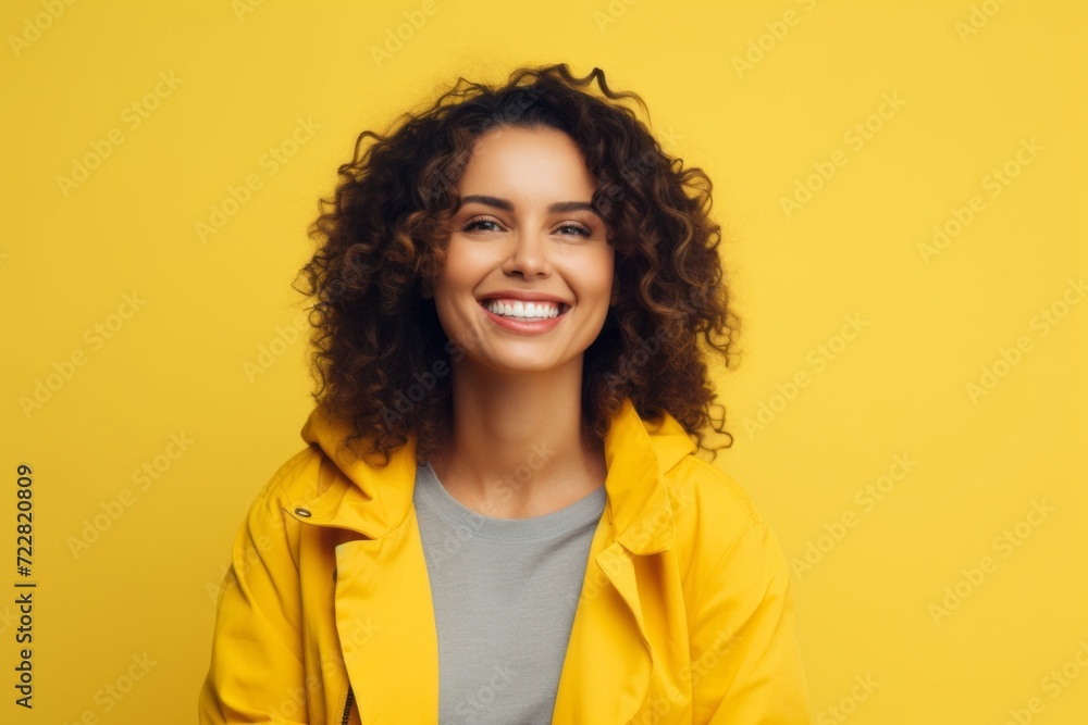 Portrait of smiling young woman in yellow raincoat on yellow background Portrait of smiling young woman in yellow raincoat on yellow background