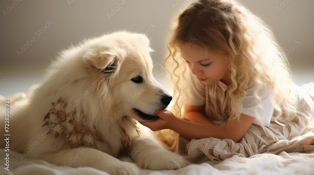 A portrait of a little cute toddler girl kissing dog A portrait of a little cute toddler girl kissing dog