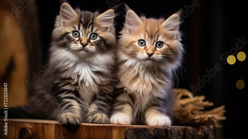 Two Maine Coon kittens sitting on a wooden background. Selective focus. © Obsidian
