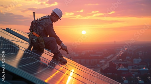 Technician Installing Solar Panels at Sunset on Urban Rooftop. © _veiksme_