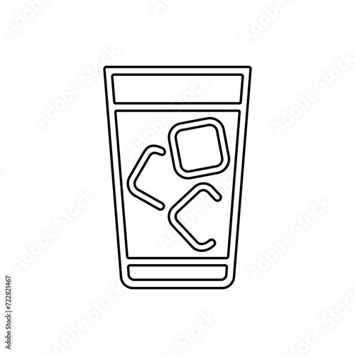 Cold summer drink with ice cubes in glass, line icon, black outline on white. Cola in tall glass. Vector clipart sign or logo of minimalist design, illustration of non-alcoholic beverage or fast food.