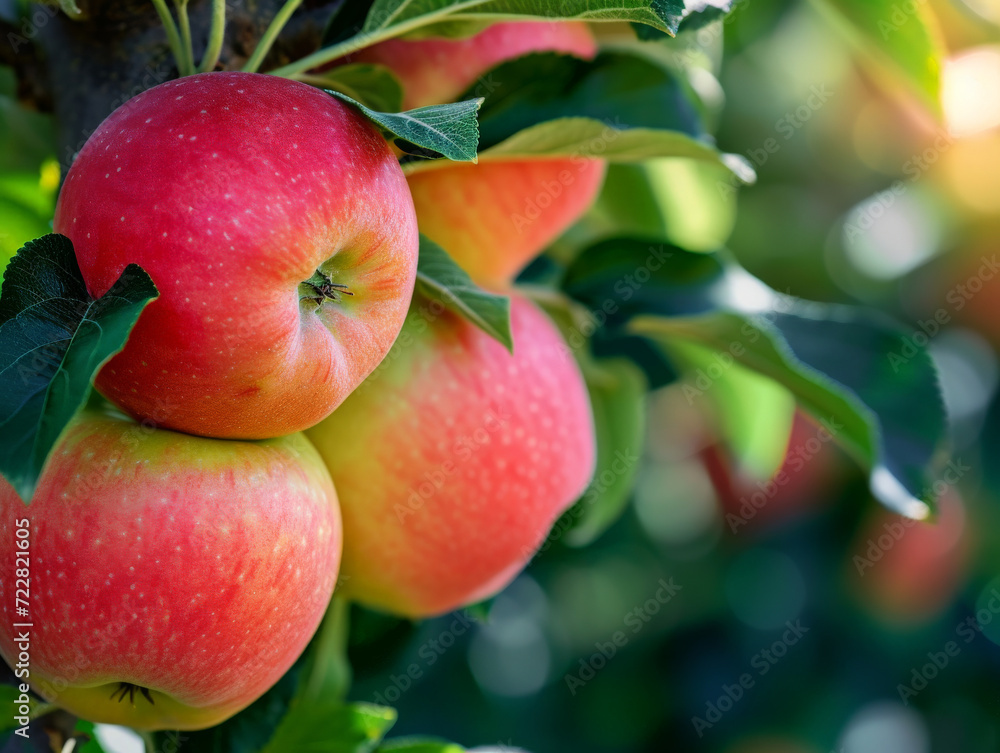 Red apples hanging on tree branches in sunlight. Red apples hanging on tree branches in sunlight.