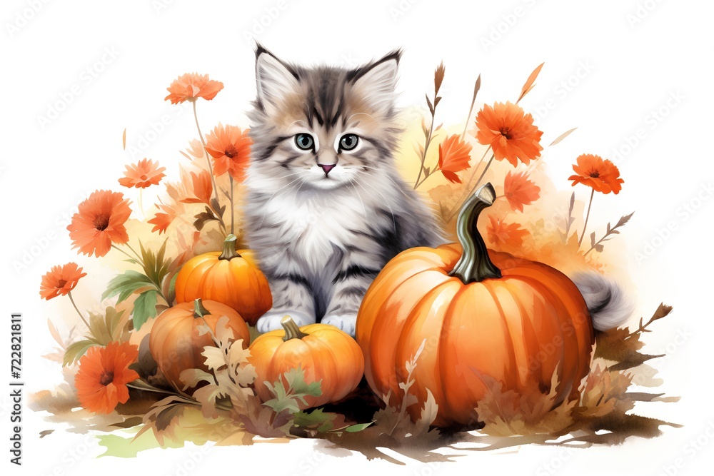 Cute kitten with pumpkins on autumn background. Watercolor illustration Cute kitten with pumpkins on autumn background. Watercolor illustration