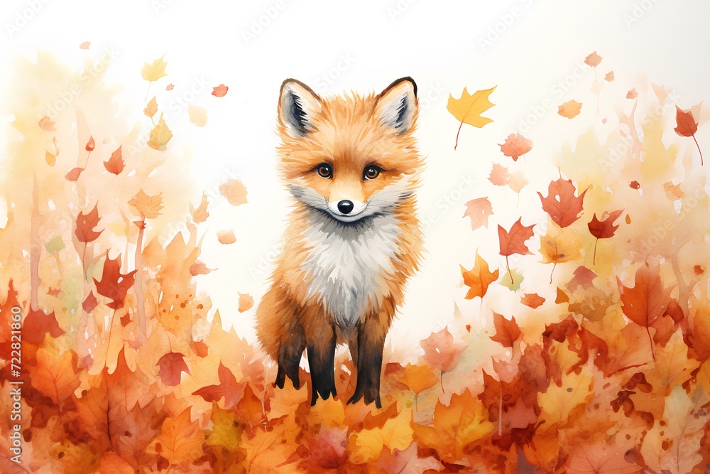Obraz premium Watercolor fox in the autumn forest. Hand drawn illustration for your design
