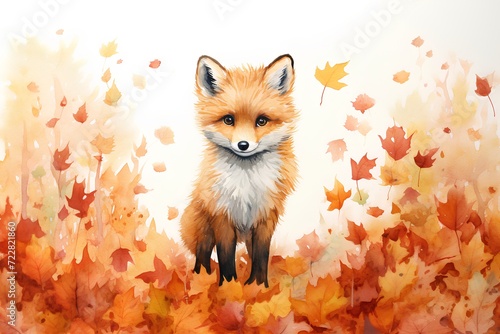 Watercolor fox in the autumn forest. Hand drawn illustration for your design photo
