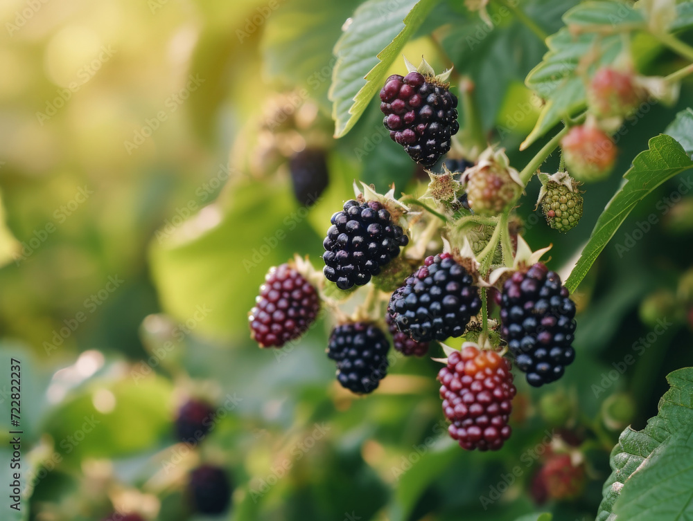 A bunch of ripe and red blackberries growing on a bush in sunlight. A bunch of ripe and red blackberries growing on a bush in sunlight.