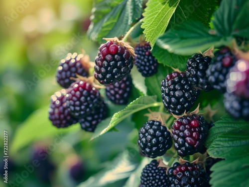 Ripe blackberries on a bramble in natural light.