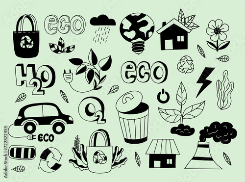 Hand drawn ecology icons set. No plastic  go green  Zero waste concepts  reduce  reuse  refuse  eco-car and house  grocery bags and ecological lifestyle. Isolated vector eco doodles.