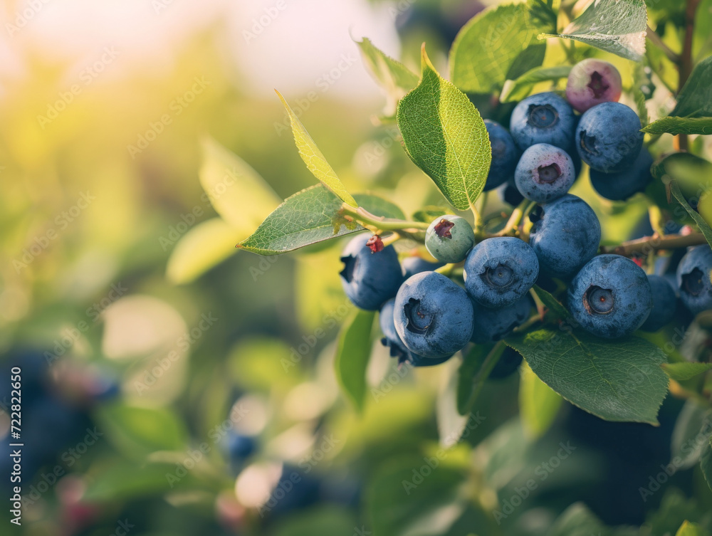 Blueberries on the bush with a backdrop of green leaves. Blueberries on the bush with a backdrop of green leaves.