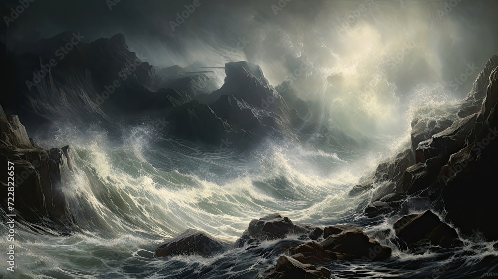 Tumultuous sea, crashing waves, rugged cliffs, churning, mesmerizing drama, untamed energy, stormy waters. Generated by AI. - obrazy, fototapety, plakaty 