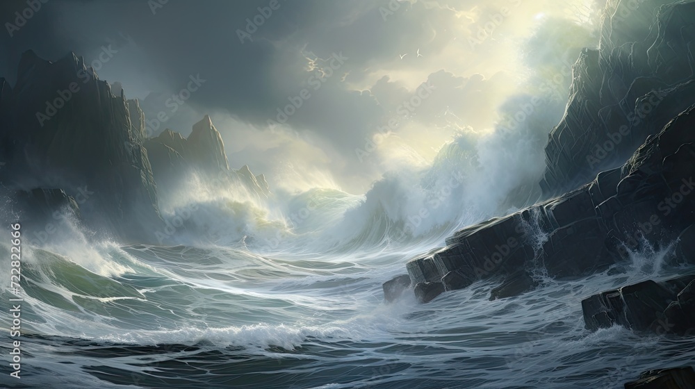 Tumultuous sea, crashing waves, rugged cliffs, churning, mesmerizing drama, untamed energy, stormy waters. Generated by AI. - obrazy, fototapety, plakaty 